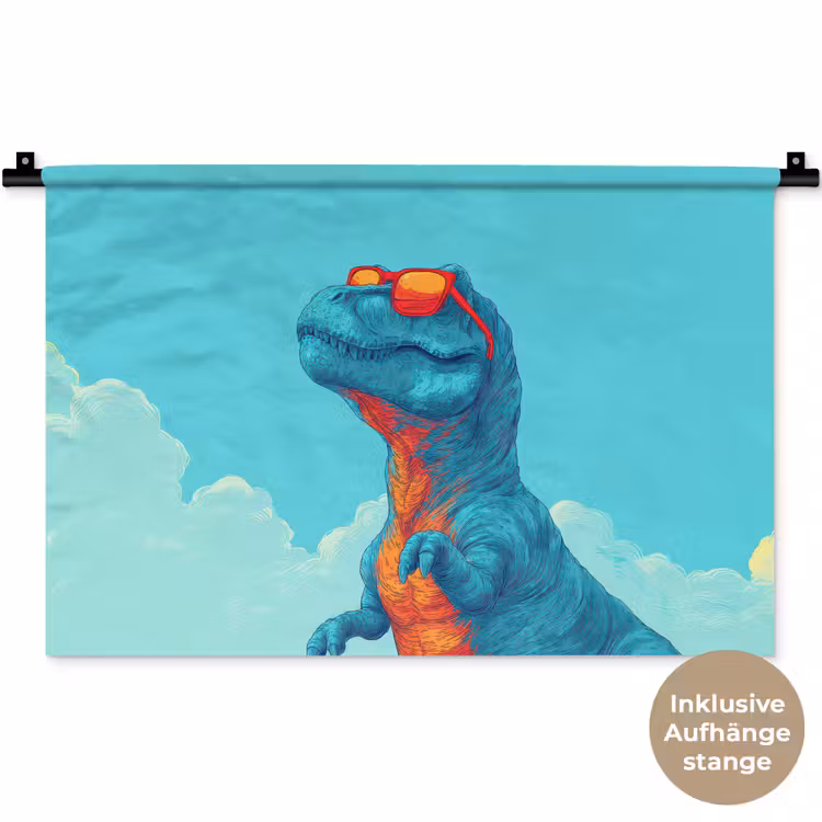T-Rex - Blauw - Wolken - Zonnebril Wandkleed katoen klein -t3d_DE