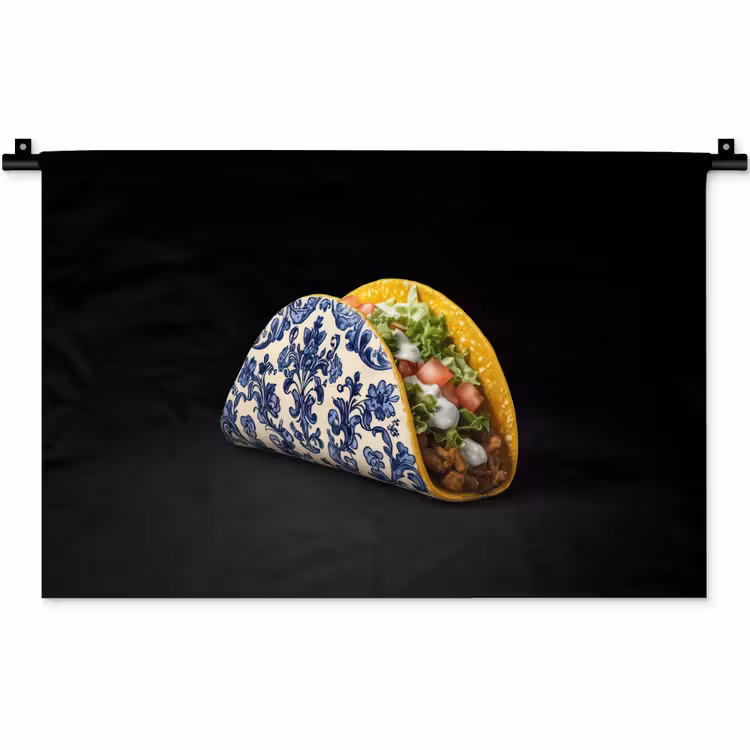 Taco - Vlees - Salade - Delftsblauw - Motief Wandkleed katoen klein -zz3d