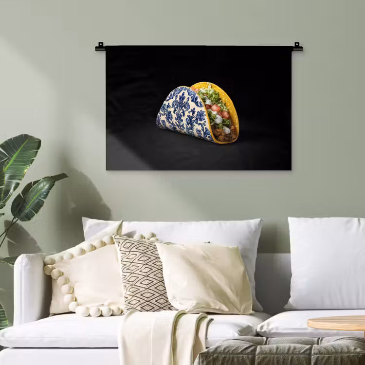 Taco - Vlees - Salade - Delftsblauw - Motief Wandkleed katoen klein -sfeer7