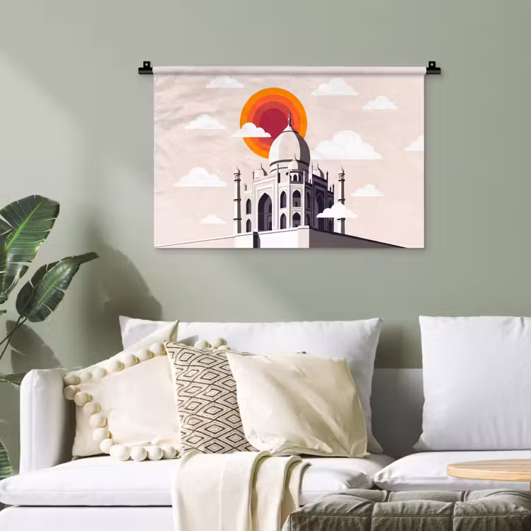Taj Mahal - Zon - Koepel - Architectuur - India - Grafisch Wandkleed katoen klein -sfeer7