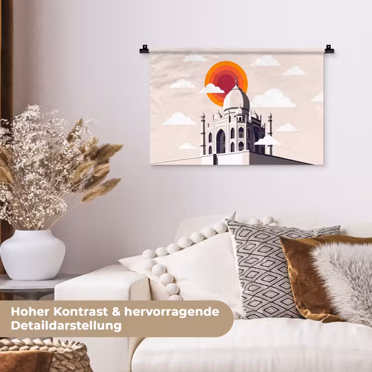 Taj Mahal - Zon - Koepel - Architectuur - India - Grafisch Wandkleed katoen klein -tsfeer1_DE
