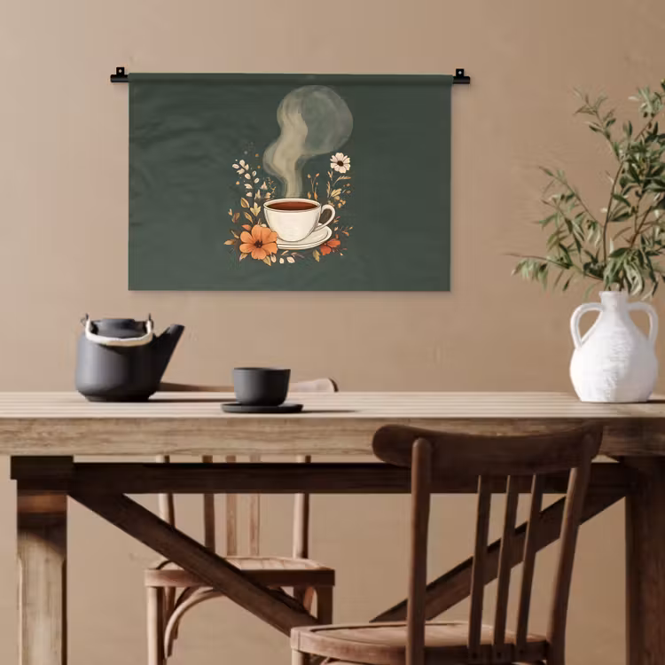 Kop - Bloemen - Groen - Koffie Wandkleed katoen klein -sfeer6