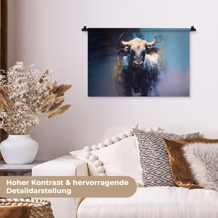 Stier - Zwart - Abstract - Horens Wandkleed katoen klein -tsfeer1_DE