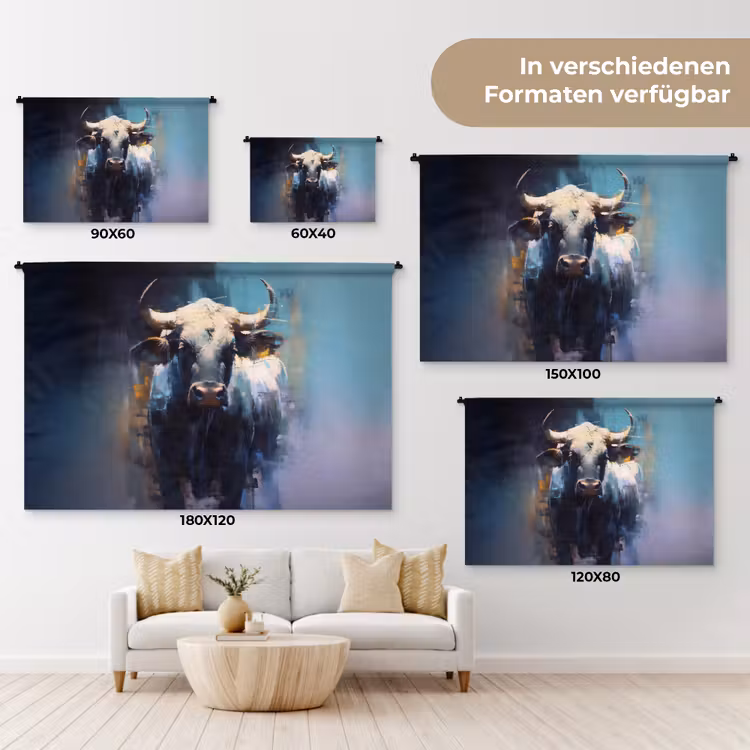 Stier - Zwart - Abstract - Horens Wandkleed katoen klein -tsfeer8_DE