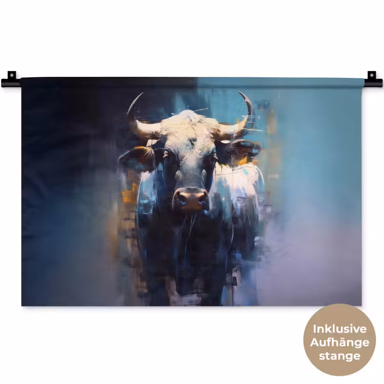Stier - Zwart - Abstract - Horens Wandkleed katoen klein -t3d_DE