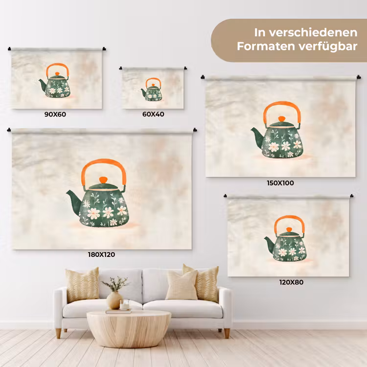 Theepot - Groen - Bloemen - Oranje Wandkleed katoen klein -tsfeer8_DE