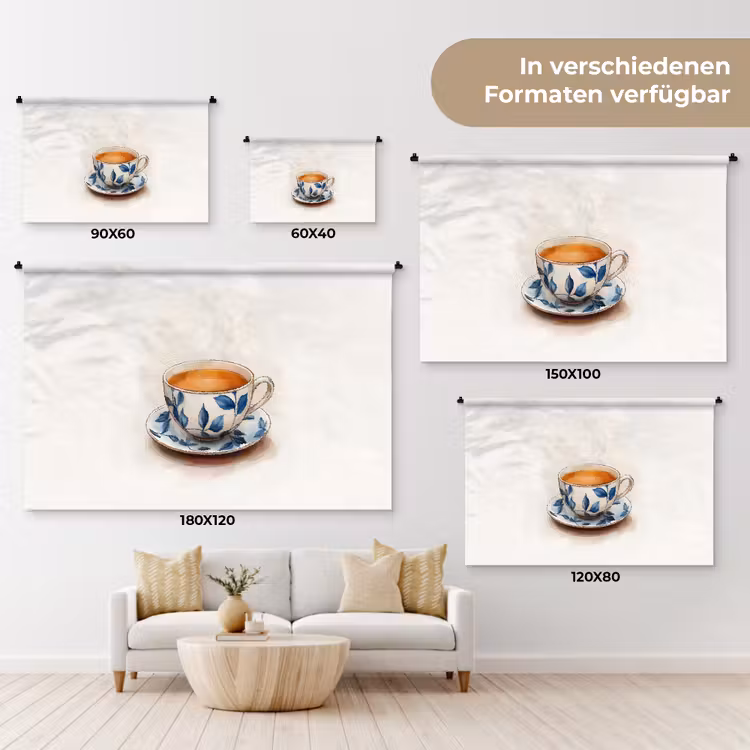 Theekop - Bladeren - Blauw Wandkleed katoen klein -tsfeer8_DE