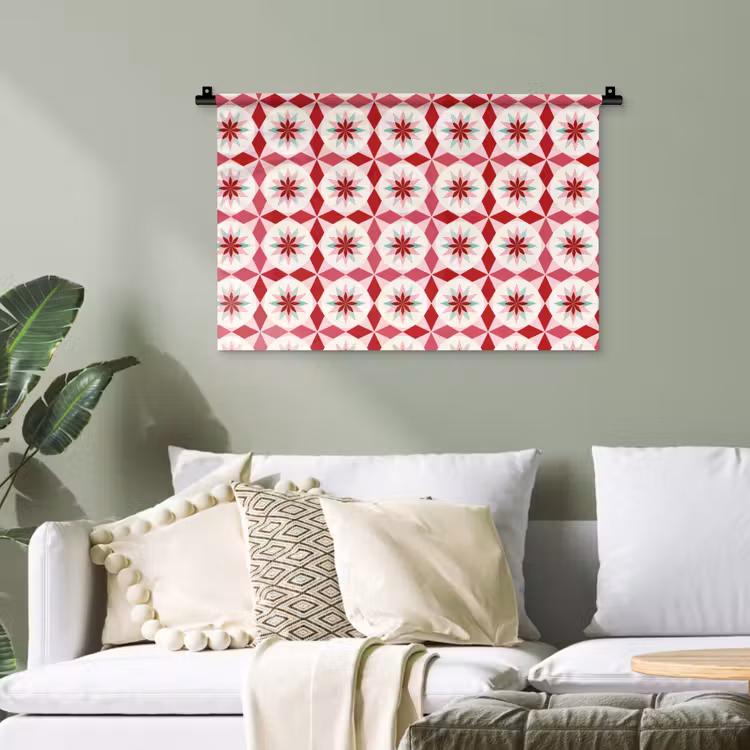 Tegelpatroon - Sterren - Retro - Roze - Mintgroen Wandkleed katoen klein 269 -sfeer7