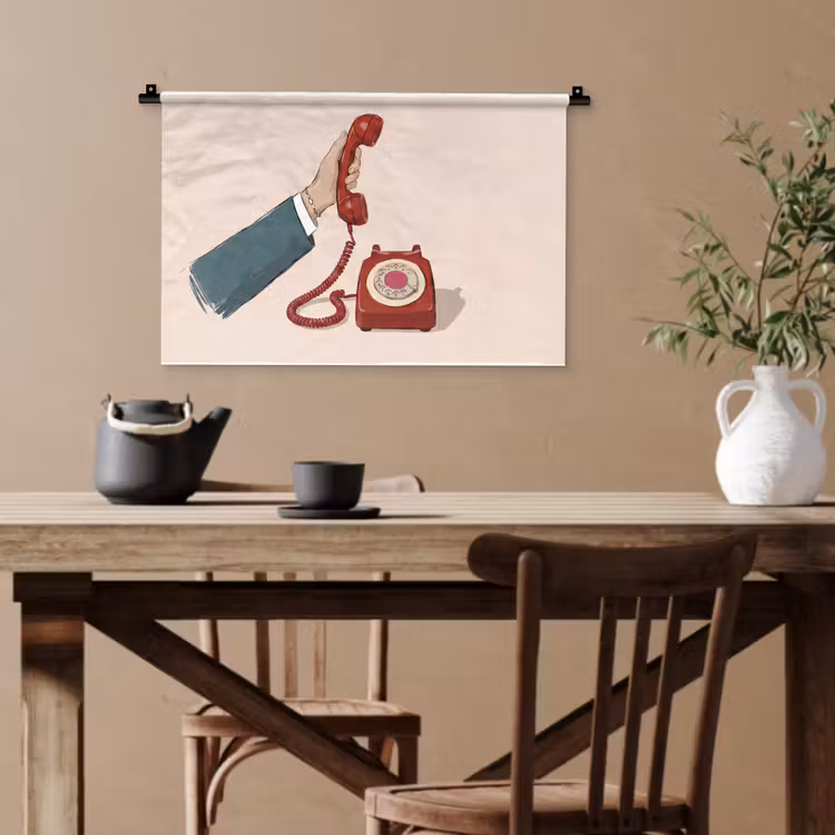 Telefoon - Hand - Vintage - Communicatie - Rood Wandkleed katoen klein -sfeer6