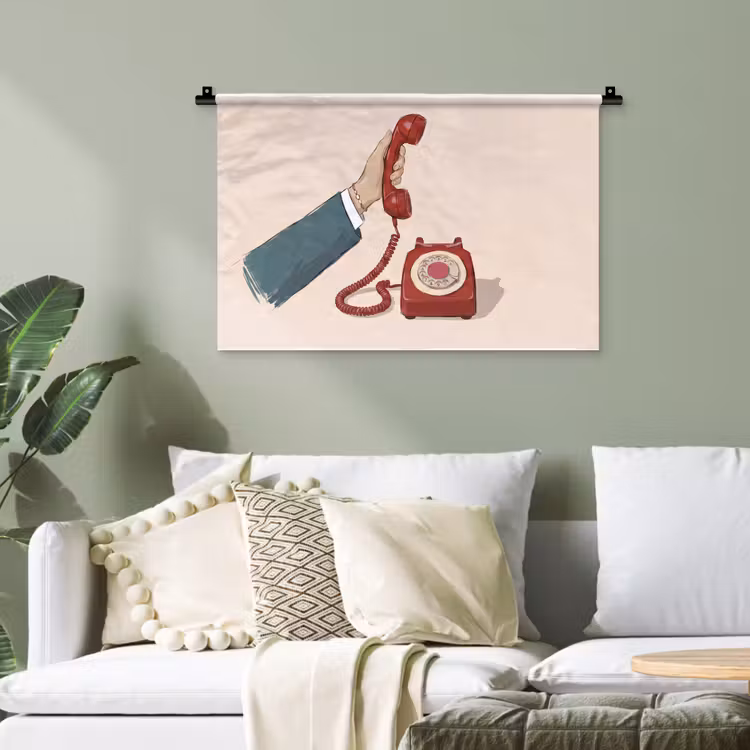 Telefoon - Hand - Vintage - Communicatie - Rood Wandkleed katoen klein -sfeer7