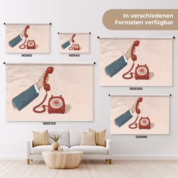 Telefoon - Hand - Vintage - Communicatie - Rood Wandkleed katoen klein -tsfeer8_DE
