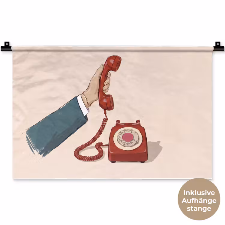 Telefoon - Hand - Vintage - Communicatie - Rood Wandkleed katoen klein -t3d_DE