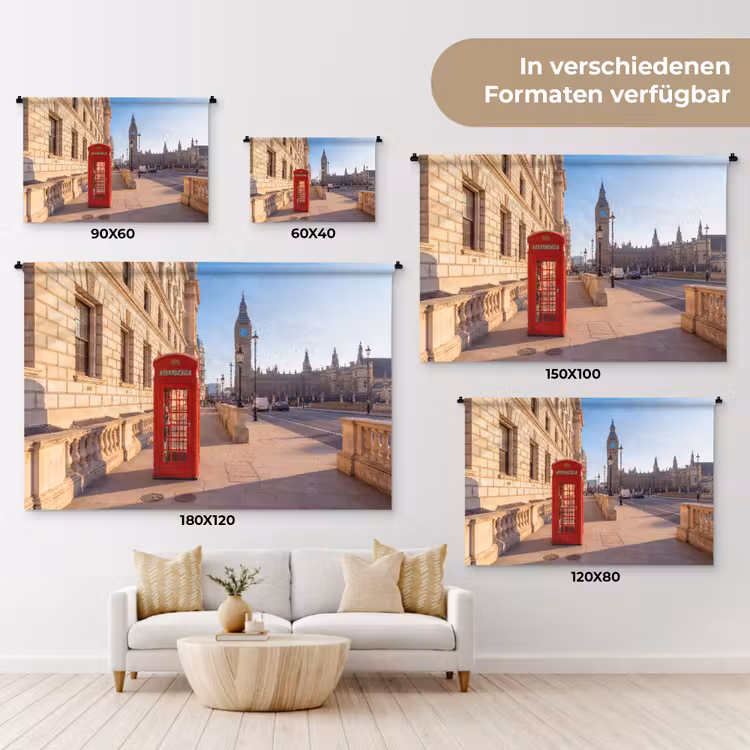 Telefooncel - Rood - Londen - Stad - Architectuur Wandkleed katoen klein -tsfeer8_DE