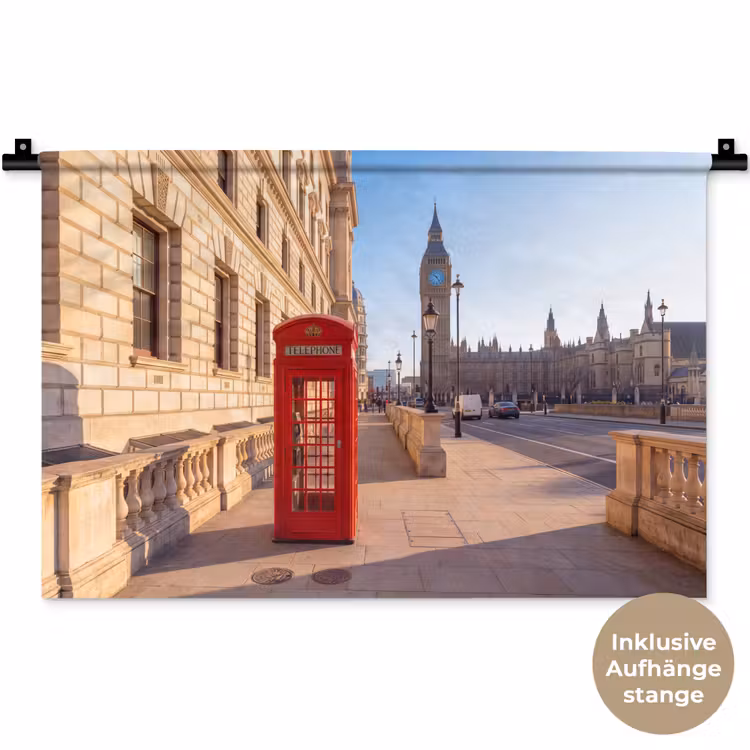 Telefooncel - Rood - Londen - Stad - Architectuur Wandkleed katoen klein -t3d_DE