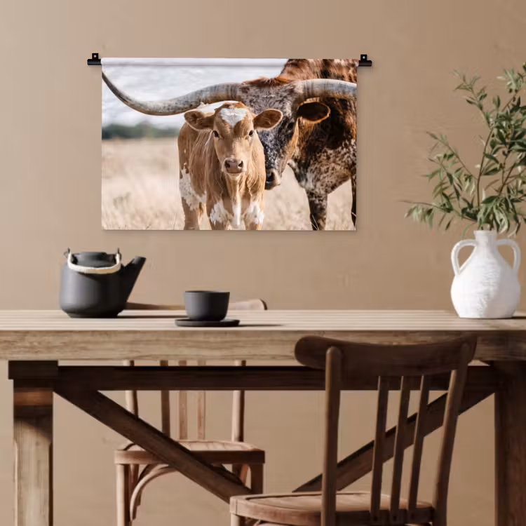 Texas Longhorn - Kalf - Weide - Dieren Wandkleed katoen klein -sfeer6