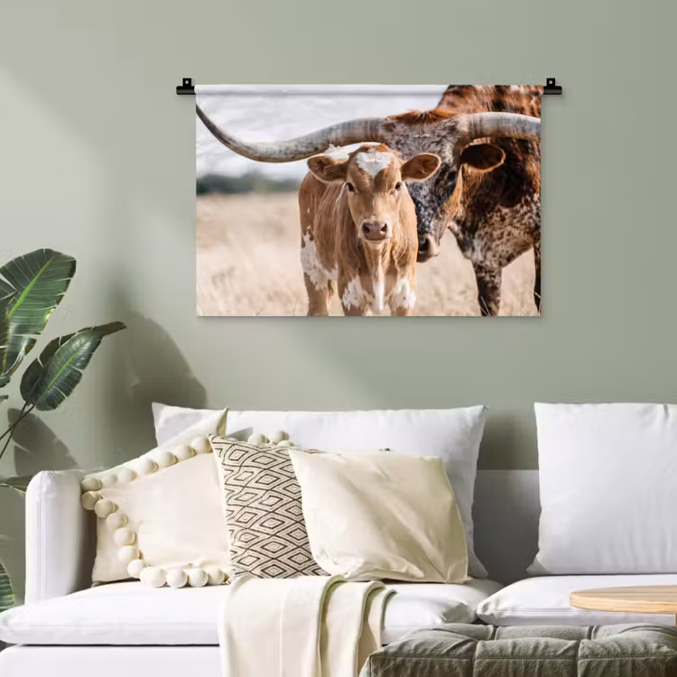 Texas Longhorn - Kalf - Weide - Dieren Wandkleed katoen klein -sfeer7