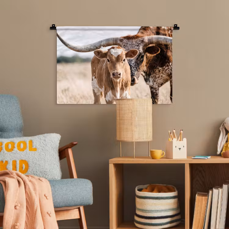 Texas Longhorn - Kalf - Weide - Dieren Wandkleed katoen klein -wsfeer4_kind