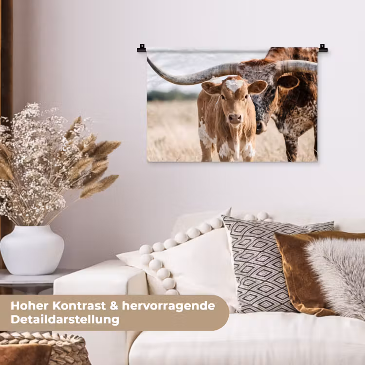 Texas Longhorn - Kalf - Weide - Dieren Wandkleed katoen klein -tsfeer1_DE