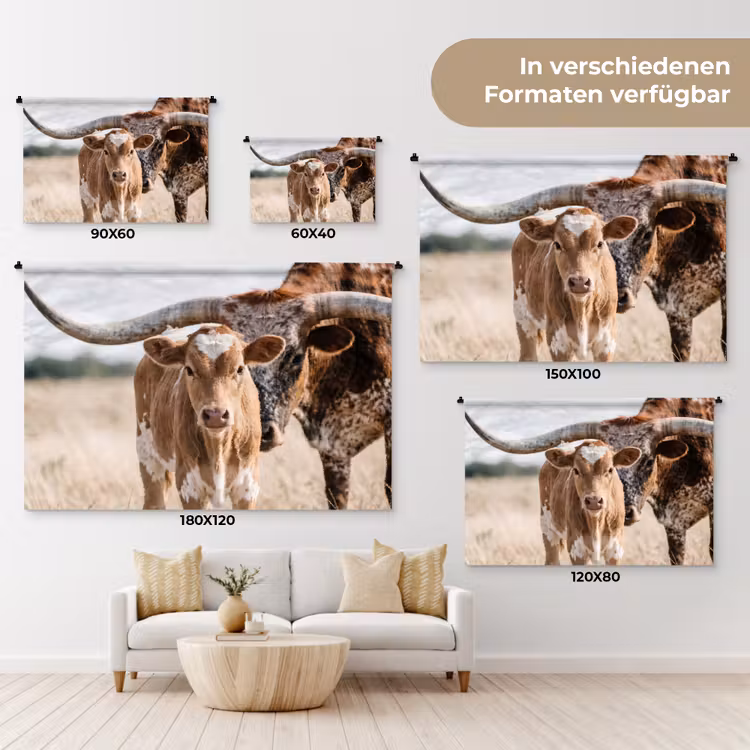 Texas Longhorn - Kalf - Weide - Dieren Wandkleed katoen klein -tsfeer8_DE