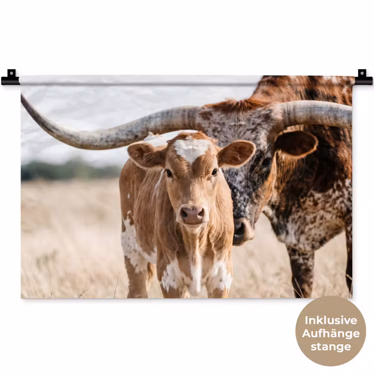 Texas Longhorn - Kalf - Weide - Dieren Wandkleed katoen klein -t3d_DE