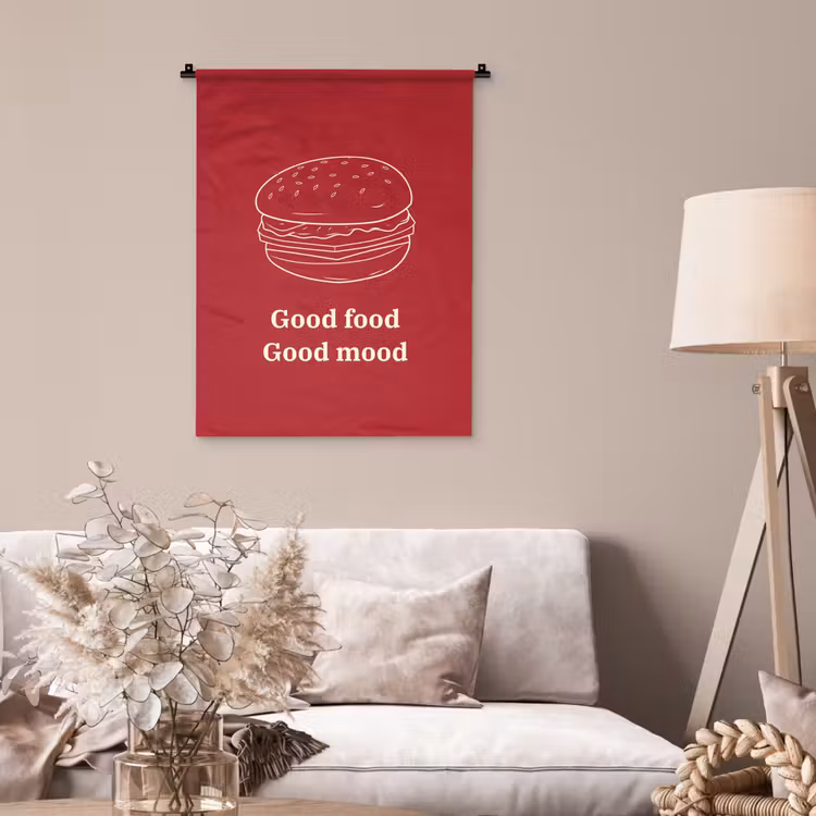 Dieprood - Lijntekening - Tekst - Hamburger Wandkleed katoen klein -sfeer4