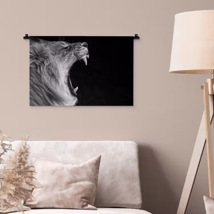 Dieren - Leeuw - Zwart - Wit - Portret Wandkleed katoen klein -sfeer4
