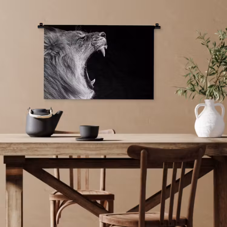 Dieren - Leeuw - Zwart - Wit - Portret Wandkleed katoen klein -sfeer6