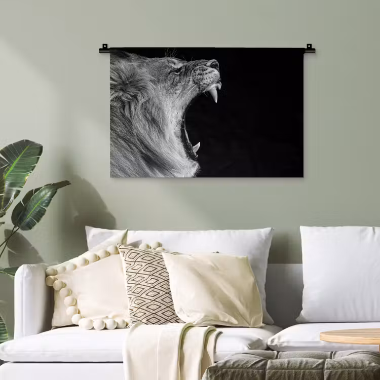 Dieren - Leeuw - Zwart - Wit - Portret Wandkleed katoen klein -sfeer7