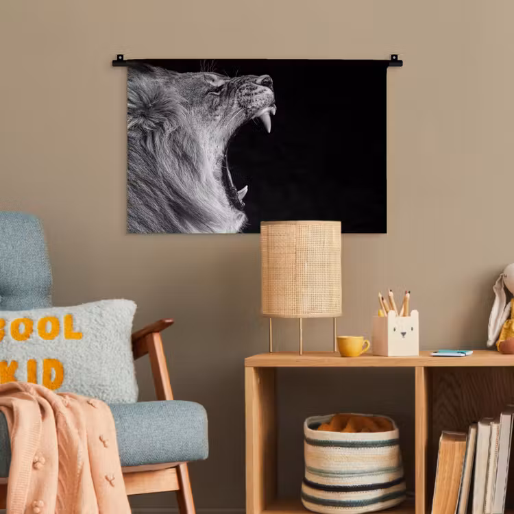 Dieren - Leeuw - Zwart - Wit - Portret Wandkleed katoen klein -wsfeer4_kind