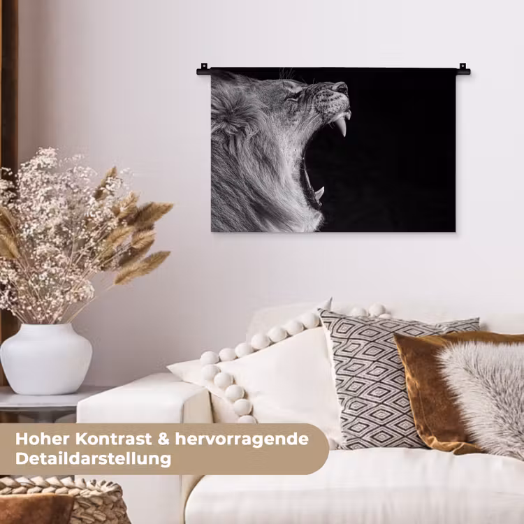 Dieren - Leeuw - Zwart - Wit - Portret Wandkleed katoen klein -tsfeer1_DE