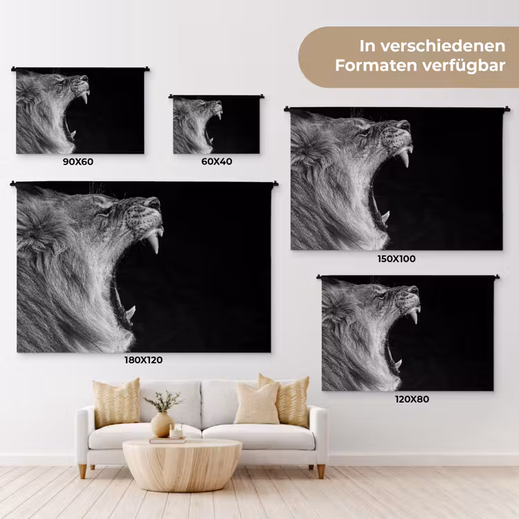 Dieren - Leeuw - Zwart - Wit - Portret Wandkleed katoen klein -tsfeer8_DE