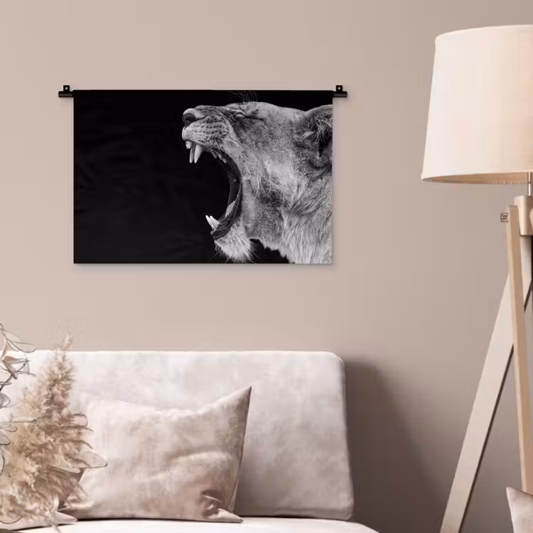 Dieren - Leeuw - Zwart - Wit - Portret Wandkleed katoen klein -sfeer4