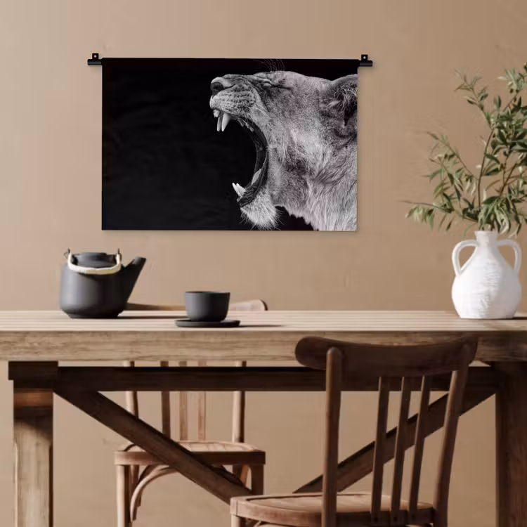 Dieren - Leeuw - Zwart - Wit - Portret Wandkleed katoen klein -sfeer6