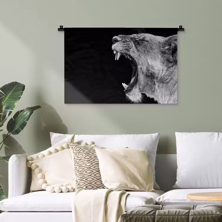 Dieren - Leeuw - Zwart - Wit - Portret Wandkleed katoen klein -sfeer7
