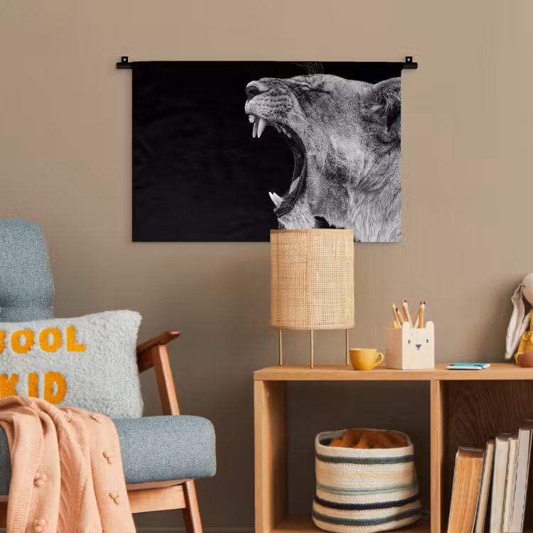 Dieren - Leeuw - Zwart - Wit - Portret Wandkleed katoen klein -wsfeer4_kind