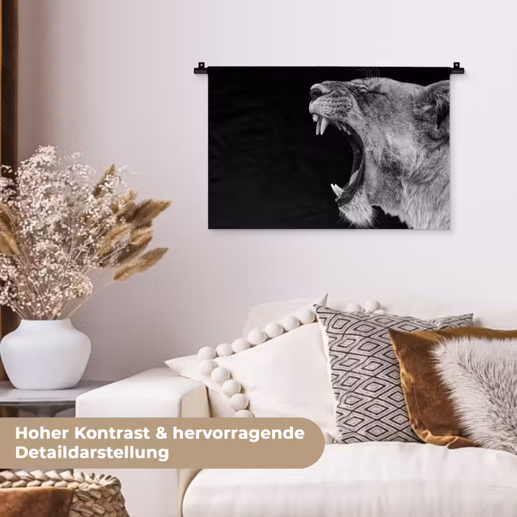 Dieren - Leeuw - Zwart - Wit - Portret Wandkleed katoen klein -tsfeer1_DE