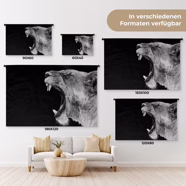 Dieren - Leeuw - Zwart - Wit - Portret Wandkleed katoen klein -tsfeer8_DE