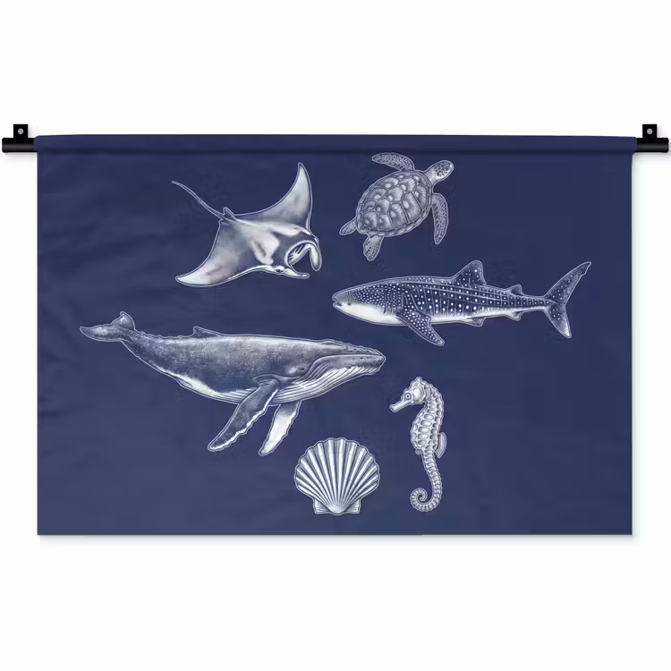Dieren - Zeeleven - Oceaan - Graveren - Blauw Wandkleed katoen klein -zz3d