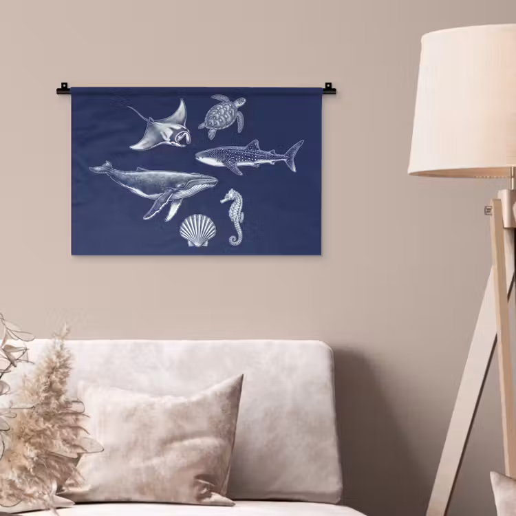 Dieren - Zeeleven - Oceaan - Graveren - Blauw Wandkleed katoen klein -sfeer4