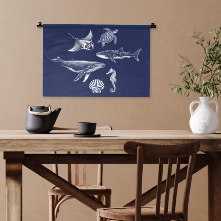 Dieren - Zeeleven - Oceaan - Graveren - Blauw Wandkleed katoen klein -sfeer6