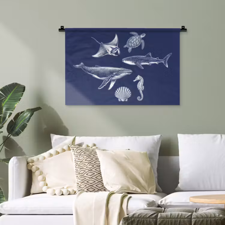 Dieren - Zeeleven - Oceaan - Graveren - Blauw Wandkleed katoen klein -sfeer7