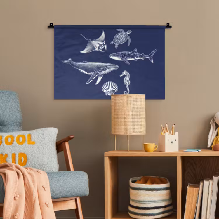 Dieren - Zeeleven - Oceaan - Graveren - Blauw Wandkleed katoen klein -wsfeer4_kind