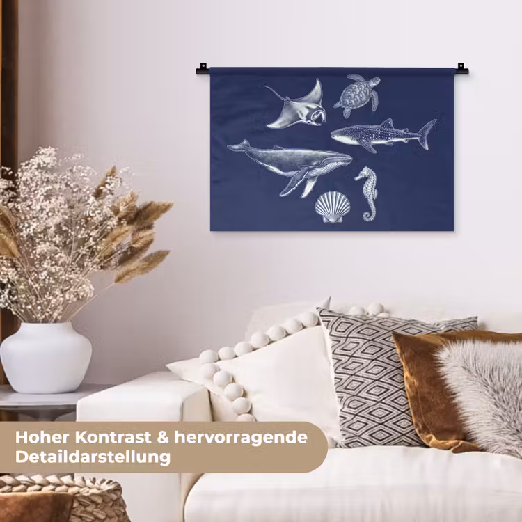Dieren - Zeeleven - Oceaan - Graveren - Blauw Wandkleed katoen klein -tsfeer1_DE