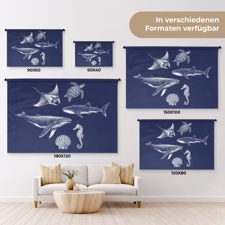Dieren - Zeeleven - Oceaan - Graveren - Blauw Wandkleed katoen klein -tsfeer8_DE