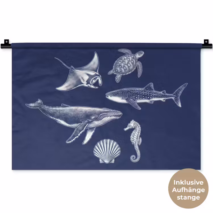 Dieren - Zeeleven - Oceaan - Graveren - Blauw Wandkleed katoen klein -t3d_DE