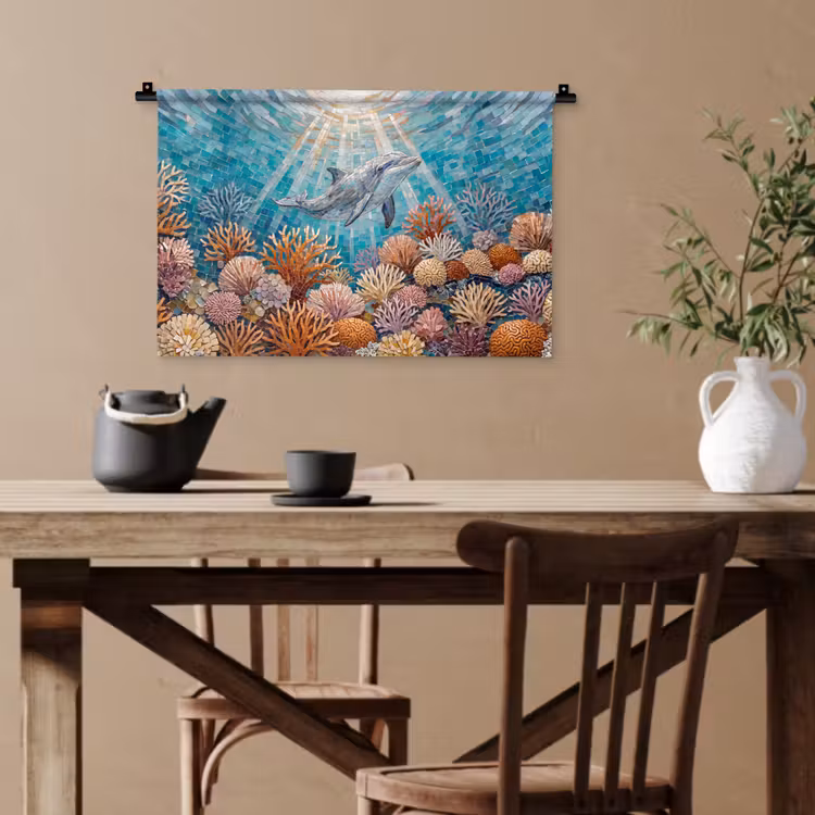 Dieren - Mozaïek - Oceaan - Koraal - Blauw Wandkleed katoen klein -sfeer6