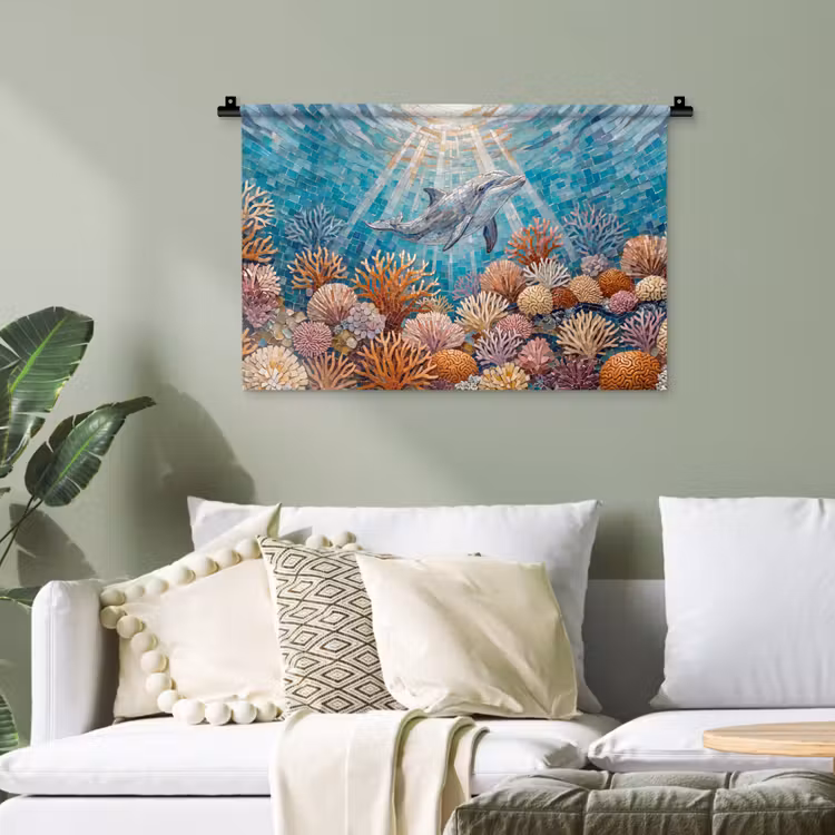 Dieren - Mozaïek - Oceaan - Koraal - Blauw Wandkleed katoen klein -sfeer7