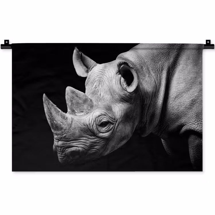 Dieren - Neushoorn - Zwart - Wit - Portret Wandkleed katoen klein -zz3d