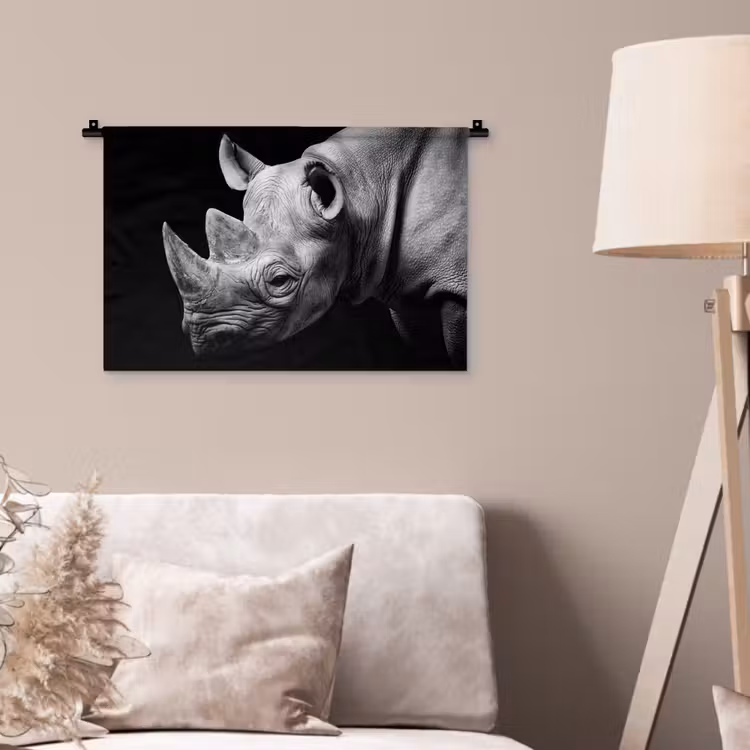 Dieren - Neushoorn - Zwart - Wit - Portret Wandkleed katoen klein -sfeer4