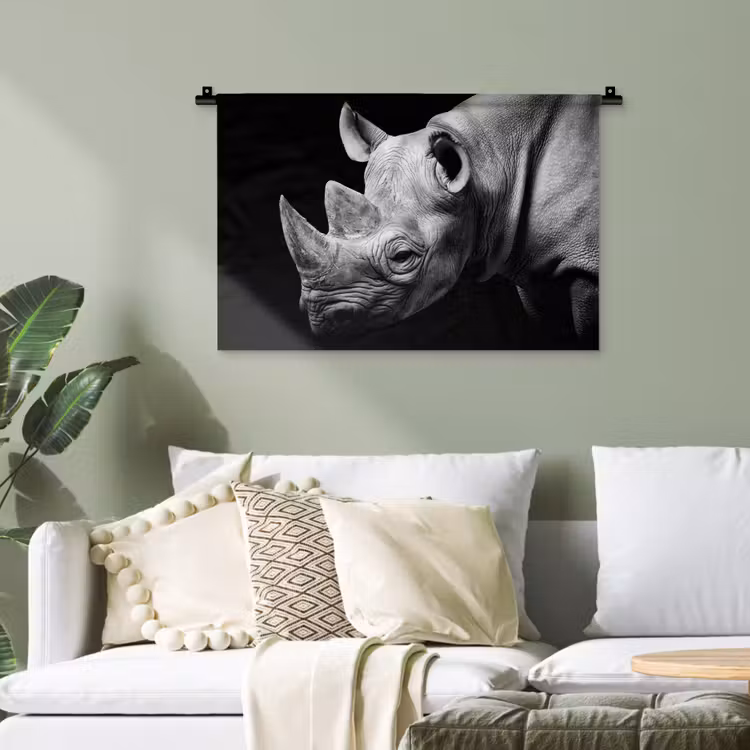 Dieren - Neushoorn - Zwart - Wit - Portret Wandkleed katoen klein -sfeer7